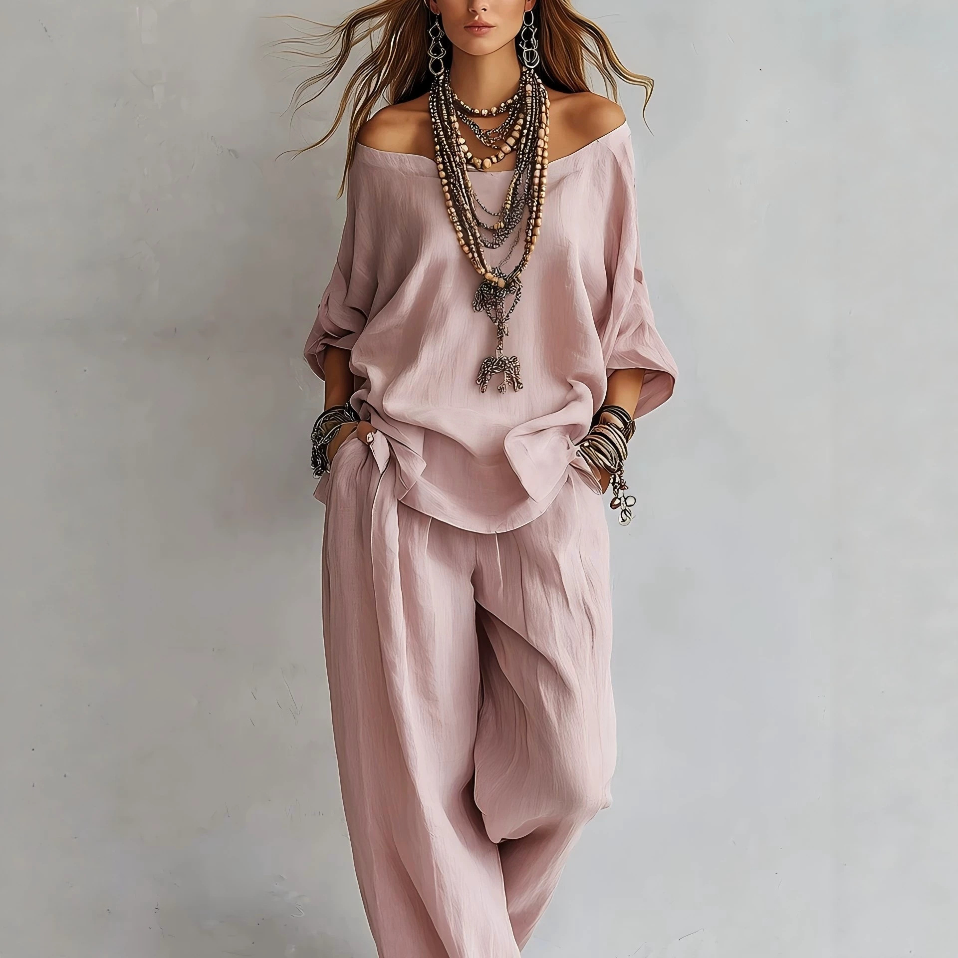 Linen Pant Wide - Conjunto de Top de Lino Holgado